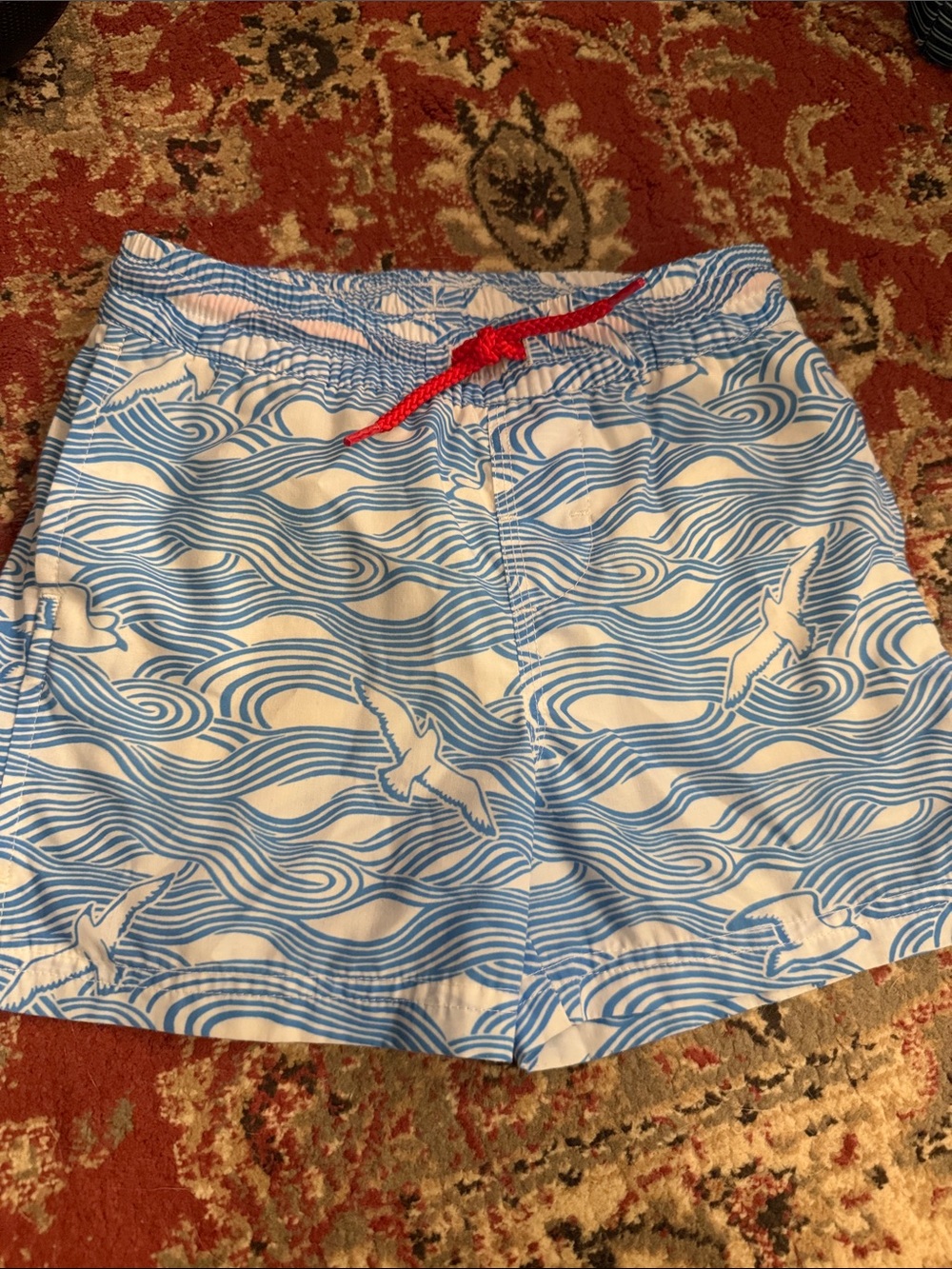 Men's Blue & White Seagull Wave Swim Trunks with Red Drawstring
